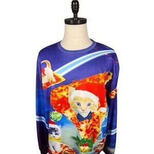 Christmas Space Cat Pizza Galaxy Mens Sweatshirt Pullover Multicolor 2XL
